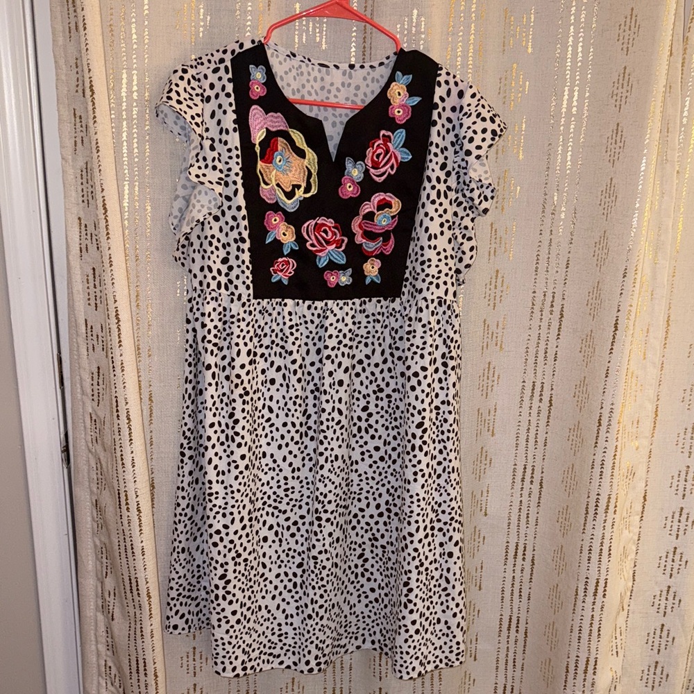 Black and White Polka Dot Dress with Floral Embroidery